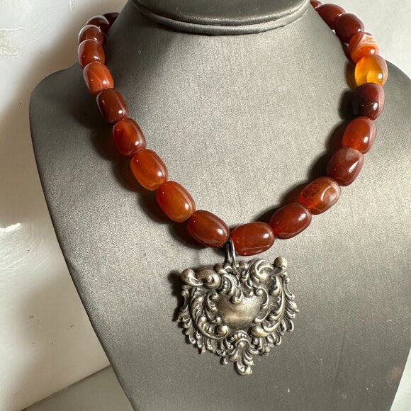 Genuine Carnelian Victorian Silver Pendant Gemstone Choker Goth Necklace Gift - Picture 6 of 7